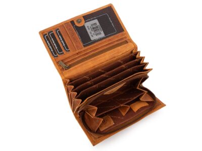 Duży poziomy portfel damski jasnobrązowy szyty ręcznie ze skóry naturalnej w kwiaty RFID - obrazek 4