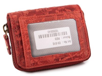 Czerwony mały portfel damski skórzany z kwiatowym wzorem szyty ręcznie RFID - obrazek 5