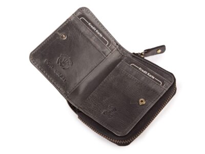 Czarny mały portfel damski skórzany z kwiatowym wzorem szyty ręcznie RFID - obrazek 4