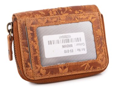 Brązowy mały portfel damski skórzany z kwiatowym wzorem szyty ręcznie RFID - obrazek 5
