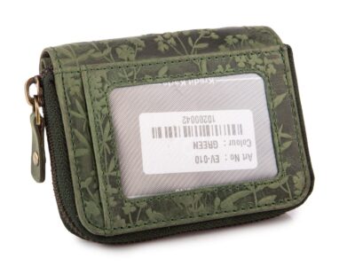 Zielony mały portfel damski skórzany z kwiatowym wzorem szyty ręcznie RFID - obrazek 5