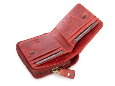 Czerwony mały portfel damski skórzany z kwiatowym wzorem szyty ręcznie RFID - obrazek 2