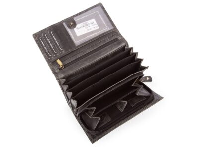 Duży poziomy portfel damski czarny szyty ręcznie ze skóry naturalnej w kwiaty RFID - obrazek 4