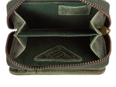 Zielony mały portfel damski skórzany z kwiatowym wzorem szyty ręcznie RFID - obrazek 3