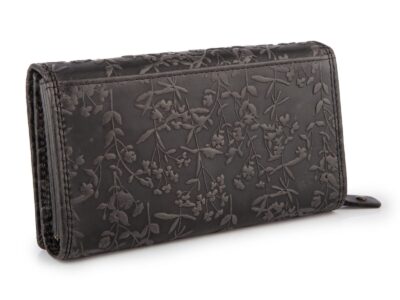 Duży poziomy portfel damski czarny szyty ręcznie ze skóry naturalnej w kwiaty RFID - obrazek 2