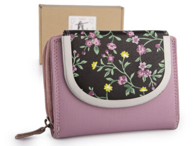 Pojemny różowy portfel damski z miękkiej skóry naturalnej z kwiatami Franko