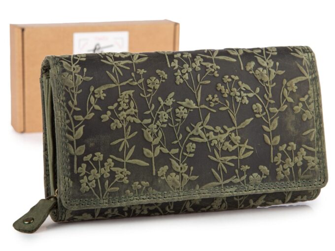 Duży poziomy portfel damski zielony szyty ręcznie ze skóry naturalnej w kwiaty RFID