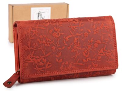 Duży poziomy portfel damski czerwony szyty ręcznie ze skóry naturalnej w kwiaty RFID