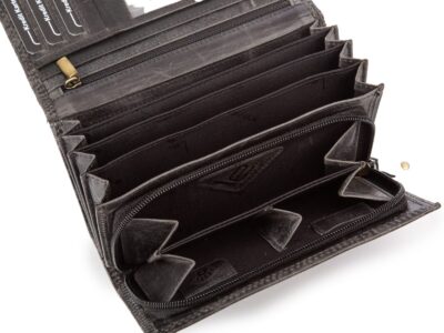 Duży poziomy portfel damski czarny szyty ręcznie ze skóry naturalnej w kwiaty RFID - obrazek 5