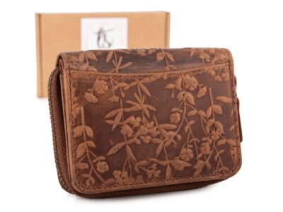 Ciemnobrązowy mały portfel damski skórzany z kwiatowym wzorem szyty ręcznie RFID