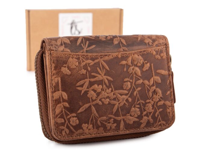 Ciemnobrązowy mały portfel damski skórzany z kwiatowym wzorem szyty ręcznie RFID