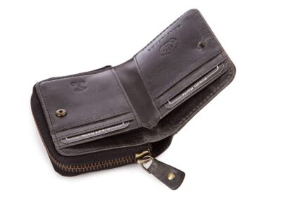 Czarny mały portfel damski skórzany z kwiatowym wzorem szyty ręcznie RFID - obrazek 2