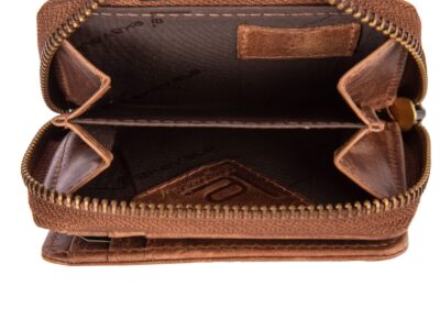 Ciemnobrązowy mały portfel damski skórzany z kwiatowym wzorem szyty ręcznie RFID - obrazek 5