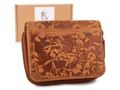 Brązowy mały portfel damski skórzany z kwiatowym wzorem szyty ręcznie RFID