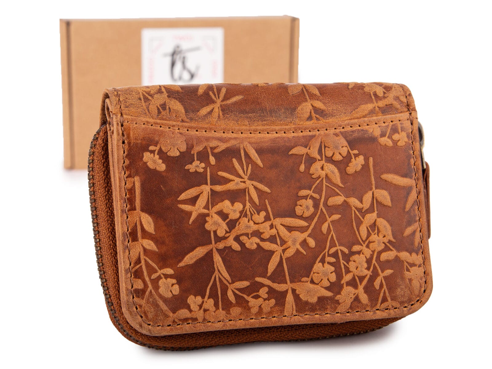 Brązowy mały portfel damski skórzany z kwiatowym wzorem szyty ręcznie RFID