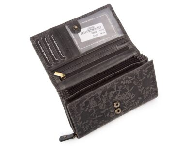 Duży poziomy portfel damski czarny szyty ręcznie ze skóry naturalnej w kwiaty RFID - obrazek 3