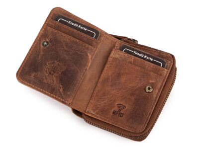 Ciemnobrązowy mały portfel damski skórzany z kwiatowym wzorem szyty ręcznie RFID - obrazek 2