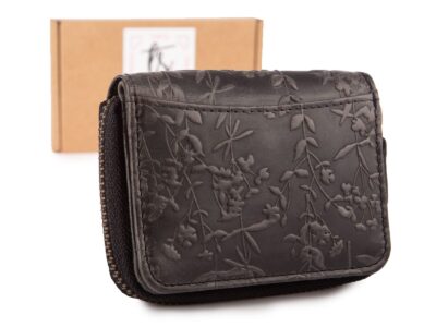 Czarny mały portfel damski skórzany z kwiatowym wzorem szyty ręcznie RFID