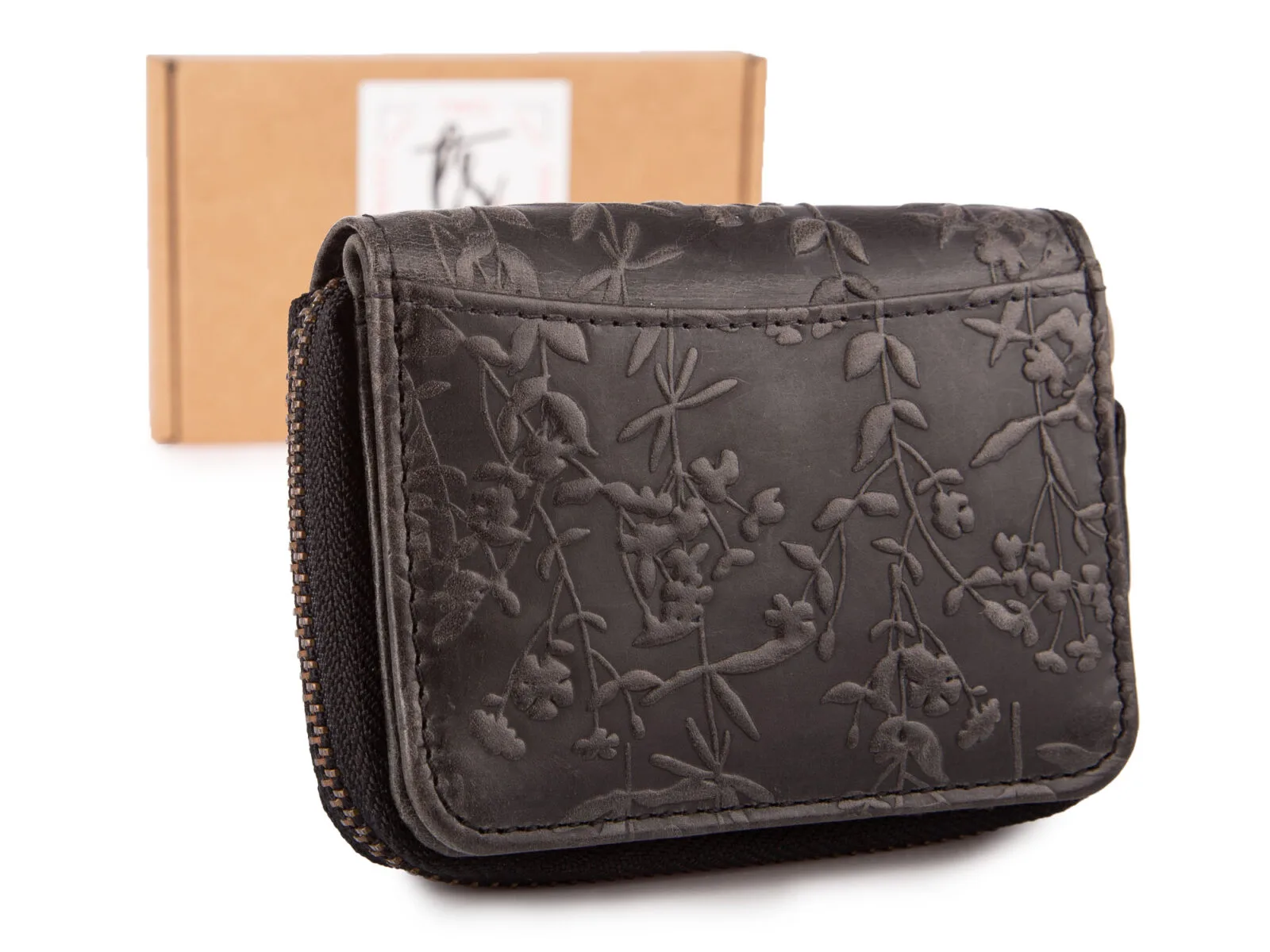 Czarny mały portfel damski skórzany z kwiatowym wzorem szyty ręcznie RFID