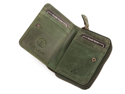 Zielony mały portfel damski skórzany z kwiatowym wzorem szyty ręcznie RFID - obrazek 4