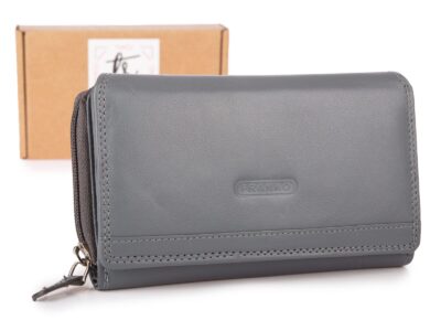 Duży skórzany portfel damski z dużą ilością miejsc na karty szary z ochroną RFID Franko