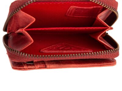 Czerwony mały portfel damski skórzany z kwiatowym wzorem szyty ręcznie RFID - obrazek 3