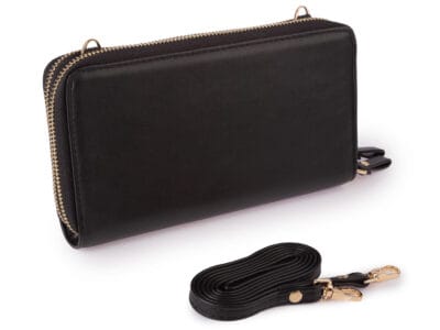 Elegancki portfel damski Jennifer Jones w kolorze czarnym z ekoskóry, z dwoma komorami i odpinanym paskiem na ramię - obrazek 2