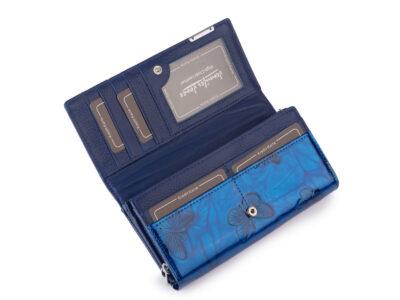 Duży poziomy portfel damski lakierowany z wzorem w tłoczone motylki niebieski - obrazek 3