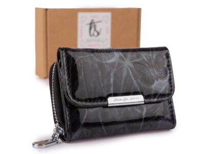 Mała portmonetka damska lakierowana czarna z motylkami Jennifer Jones