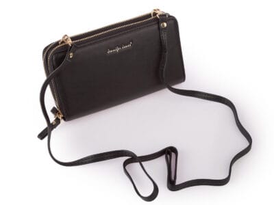 Elegancki portfel damski Jennifer Jones w kolorze czarnym z ekoskóry, z dwoma komorami i odpinanym paskiem na ramię - obrazek 7