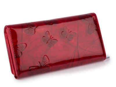 Duży poziomy portfel damski lakierowany z wzorem w tłoczone motylki czerwony - obrazek 2
