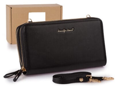 Elegancki portfel damski Jennifer Jones w kolorze czarnym z ekoskóry, z dwoma komorami i odpinanym paskiem na ramię - obrazek 1
