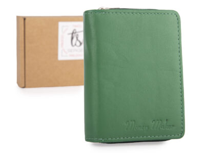 Mały zielony portfel damski z miękkiej skóry naturalnej z ochroną RFID Money Maker