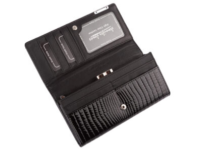 Portfel damski czarny lakierowany z kieszenią zapinaną na bigiel wewnątrz RFID - obrazek 3