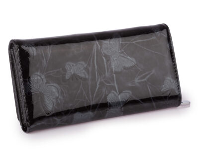 Duży poziomy portfel damski lakierowany z wzorem w tłoczone motylki czarny - obrazek 2