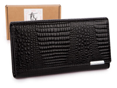 Elegancki duży portfel damski Jennifer Jones z lakierowanej skóry naturalnej RFID czarny