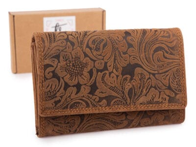 Portfel skórzany damski w stylu vintage z kwiatowym motywem - brązowy Blue Burry RFID - obrazek 1