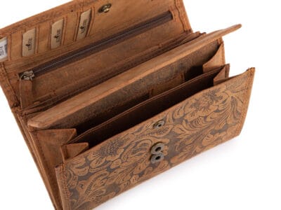 Portfel skórzany damski w stylu vintage z kwiatowym motywem - brązowy Blue Burry RFID - obrazek 4