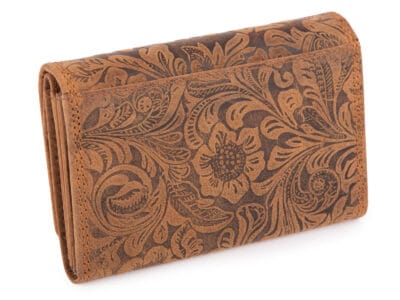 Portfel skórzany damski w stylu vintage z kwiatowym motywem - brązowy Blue Burry RFID - obrazek 2