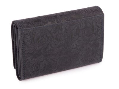 Portfel skórzany damski w stylu vintage z kwiatowym motywem - granatowy Blue Burry RFID - obrazek 2