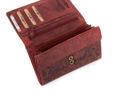 Portfel skórzany damski w stylu vintage z kwiatowym motywem - bordowy Blue Burry RFID - obrazek 3