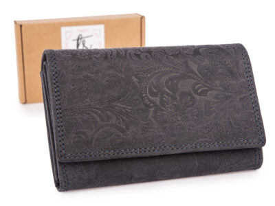 Portfel skórzany damski w stylu vintage z kwiatowym motywem - granatowy Blue Burry RFID