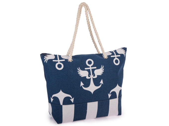 Ciemnoniebieska, duża torba plażowa z wzorem w kotwice.