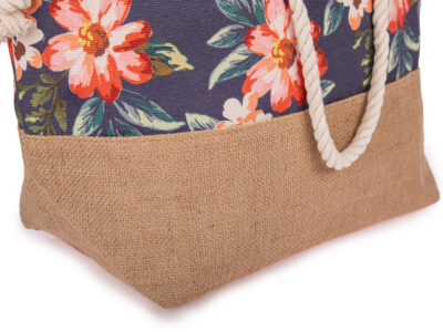 Granatowa duża torba damska na sznurkach vintage shopperka z wzorem w kwiaty - obrazek 4