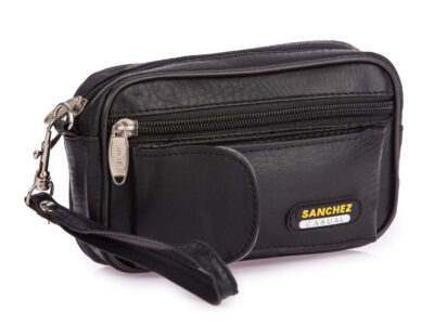 Mała czarna saszetka męska z odpianym paskiem do ręki i mocowaniem do paska od spodni - obrazek 1