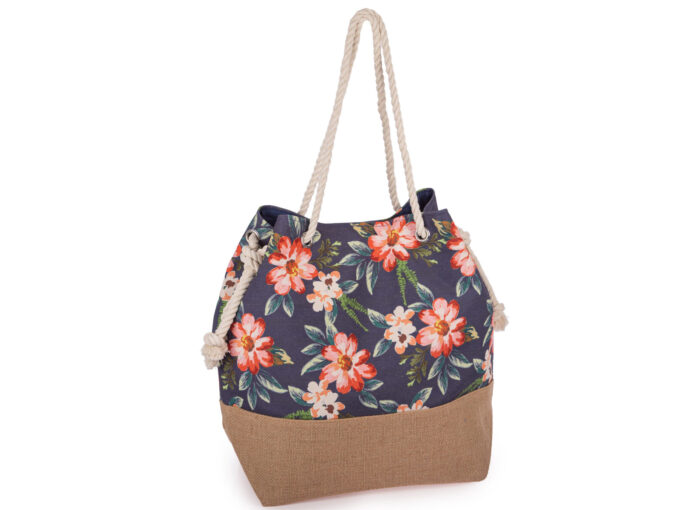 Granatowa torba damska - shopperka z kolorowym, wzorem w kwiaty vintage