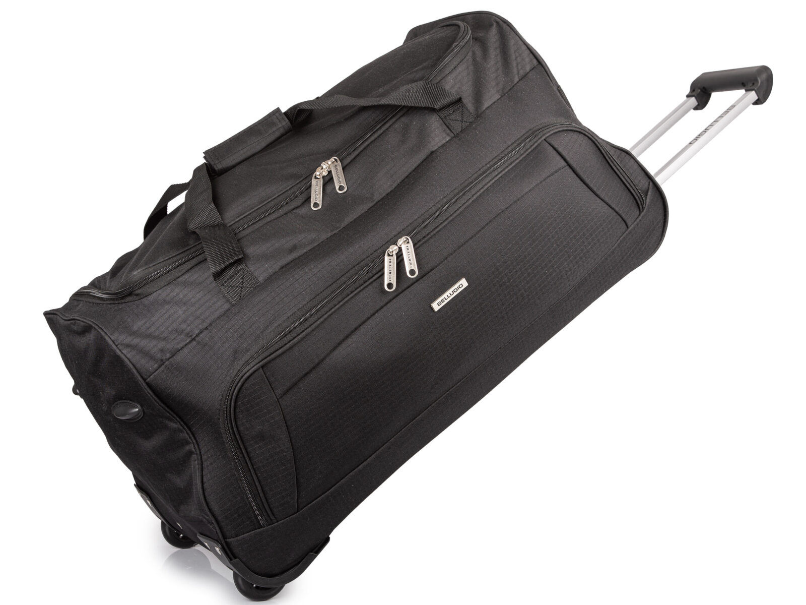 Czarna, duża torba podróżna na kółkach ze stelażem i wysuwaną rączką.