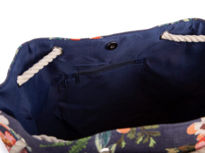 Granatowa duża torba damska na sznurkach vintage shopperka z wzorem w kwiaty - obrazek 6