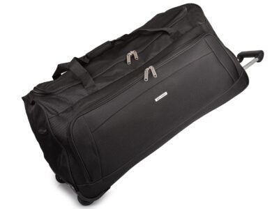 Czarna, bardzo duża torba podróżna XXL na kółkach ze stelażem i wysuwaną rączką.