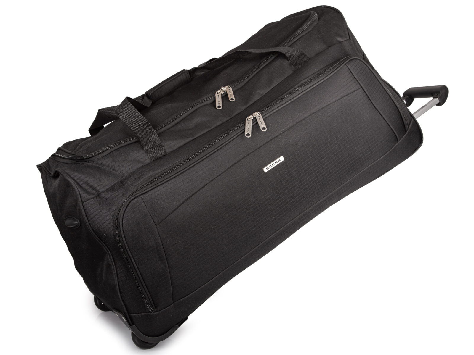 Czarna, bardzo duża torba podróżna XXL na kółkach ze stelażem i wysuwaną rączką.